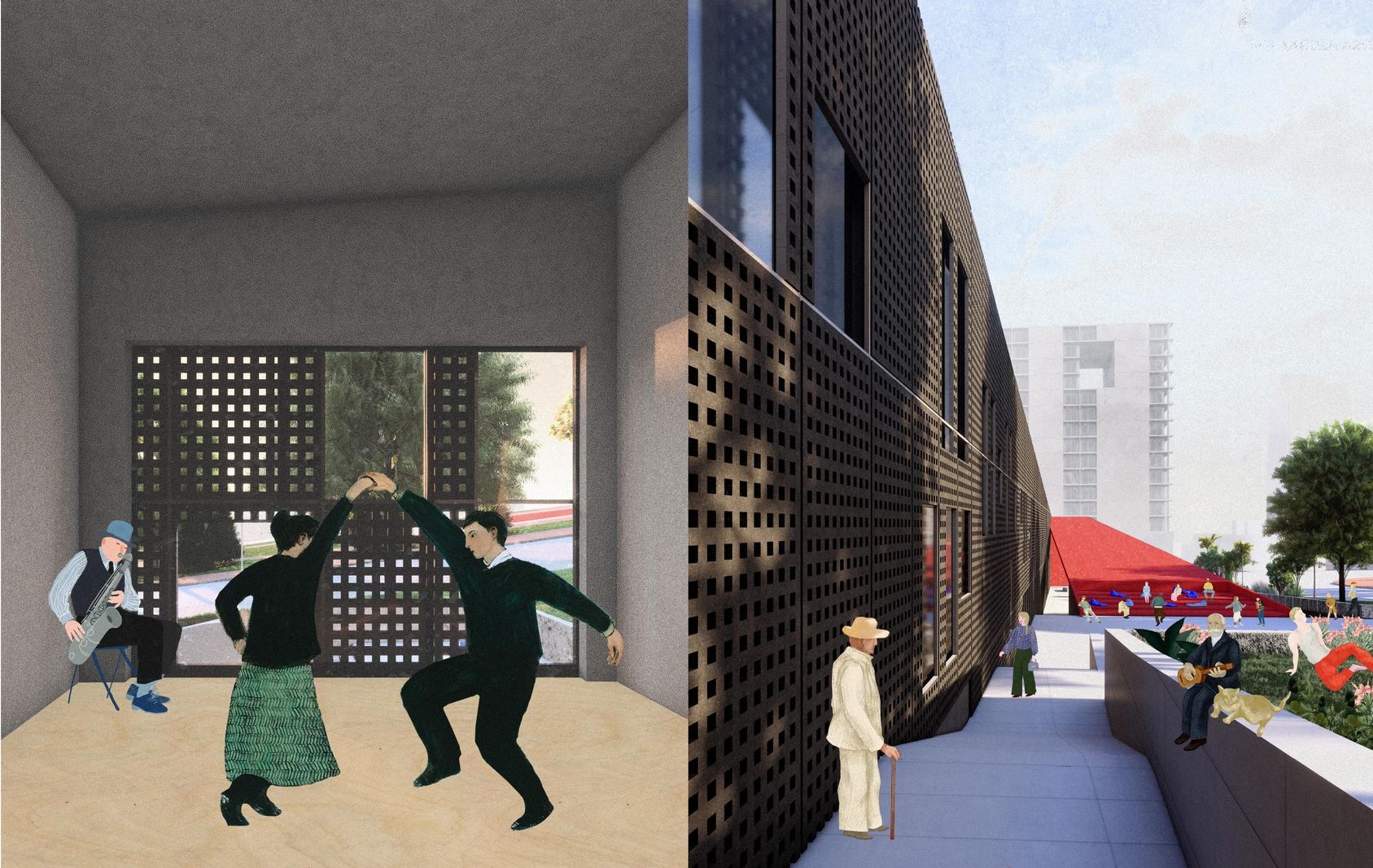 Tango dancers enliven a modern, architecturally unique space.