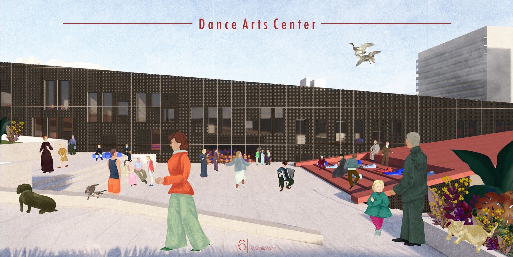 Vibrant community life at the Dance Arts Center plaza.