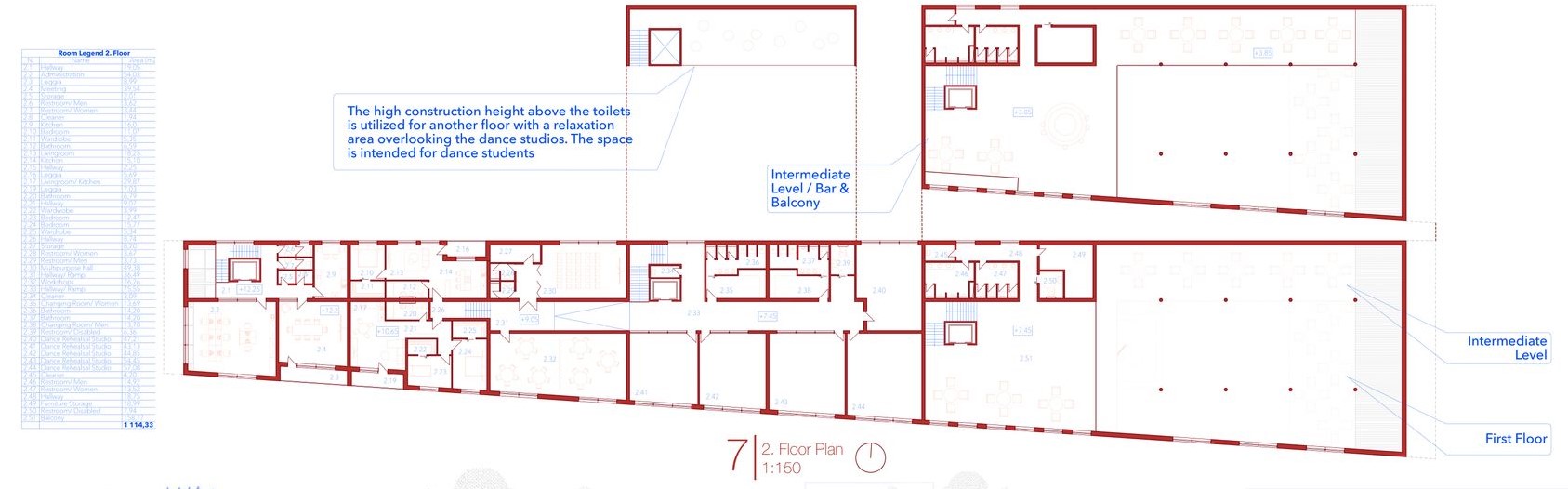 Innovative second floor plan with relaxation spaces for dance students.