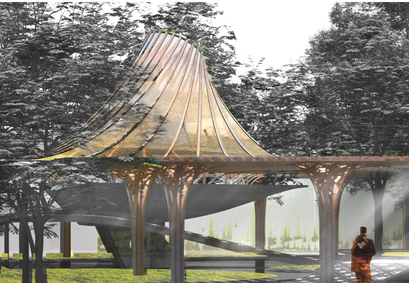 Sweeping bamboo architecture harmonizes with serene natural surroundings.