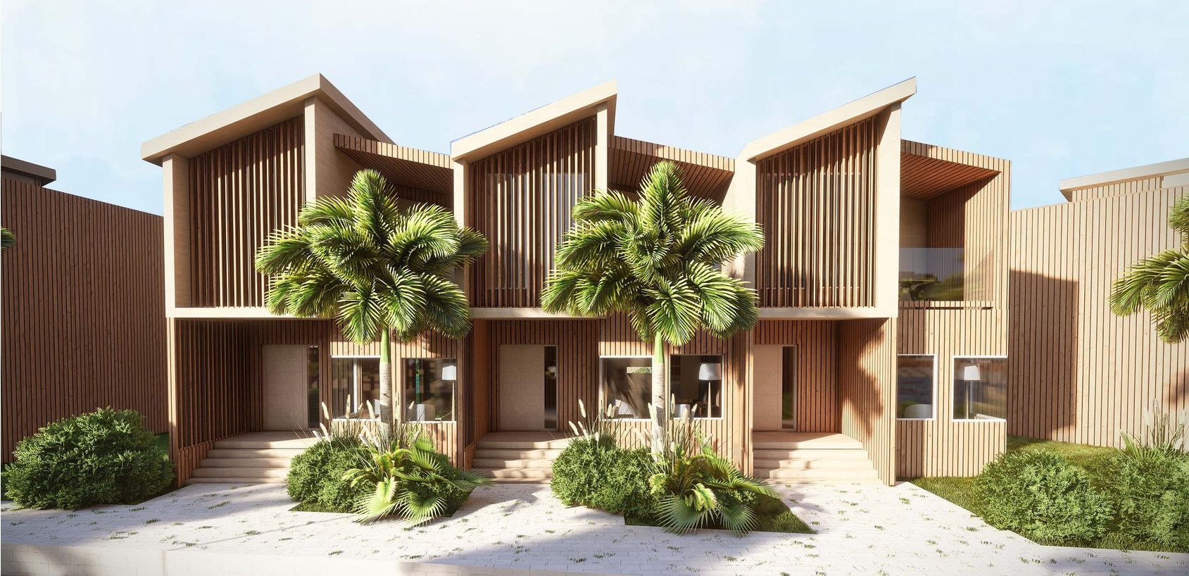 Modern modular homes with sustainable, tropical design elements.