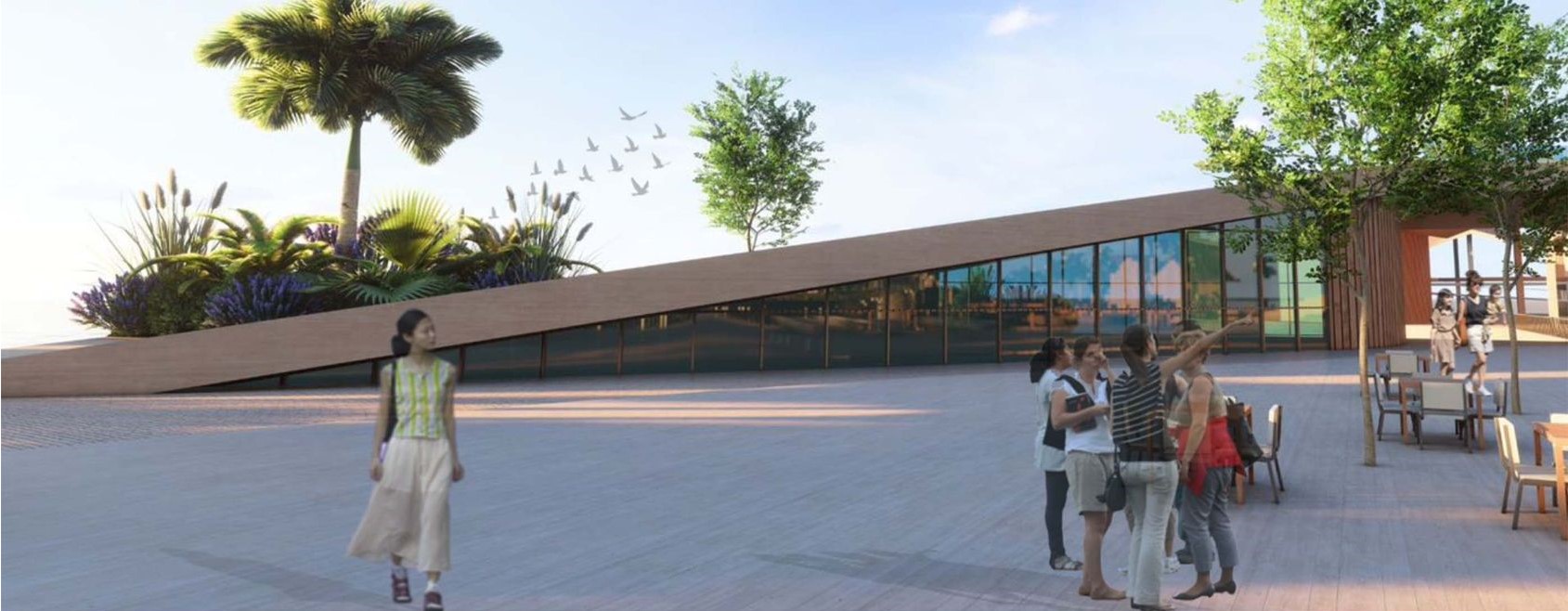 Community gathering space with scenic views and modern design.