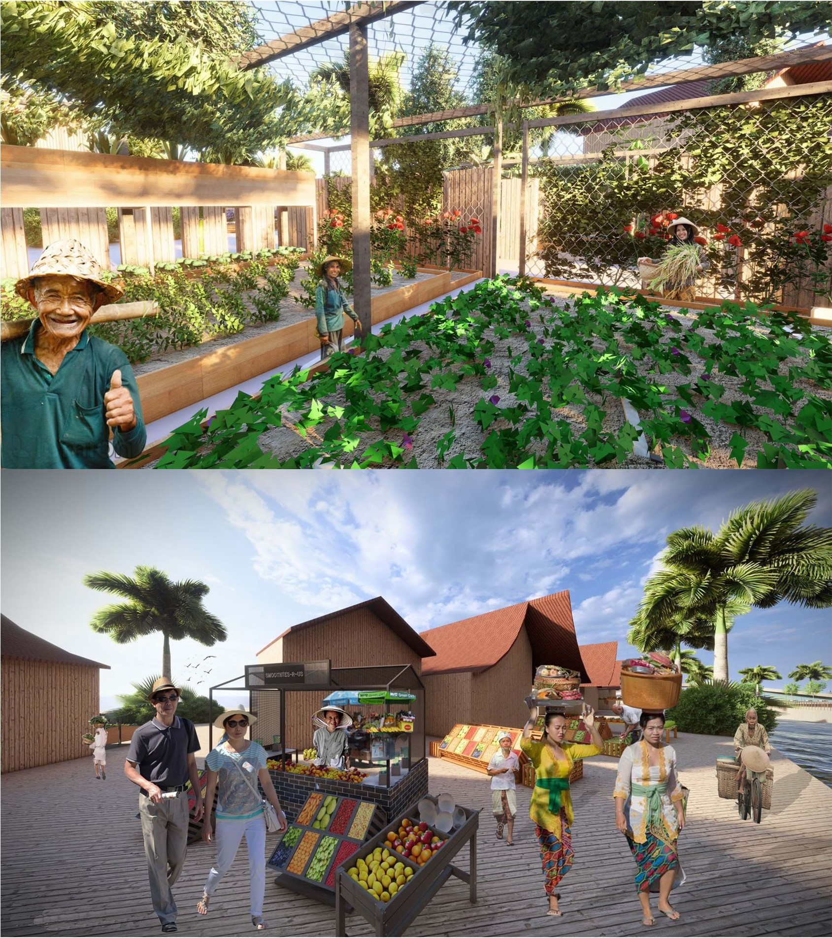 Urban farms and vibrant local markets fostering community spirit.