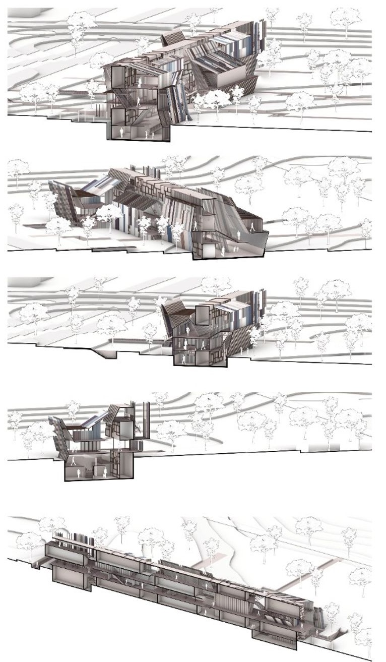 Complex layers of modern architecture integrated with natural elements.