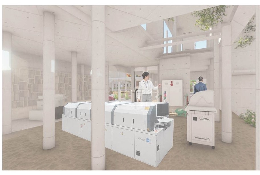 Inside the sustainable production center, combining modern tech with natural architectural elements.