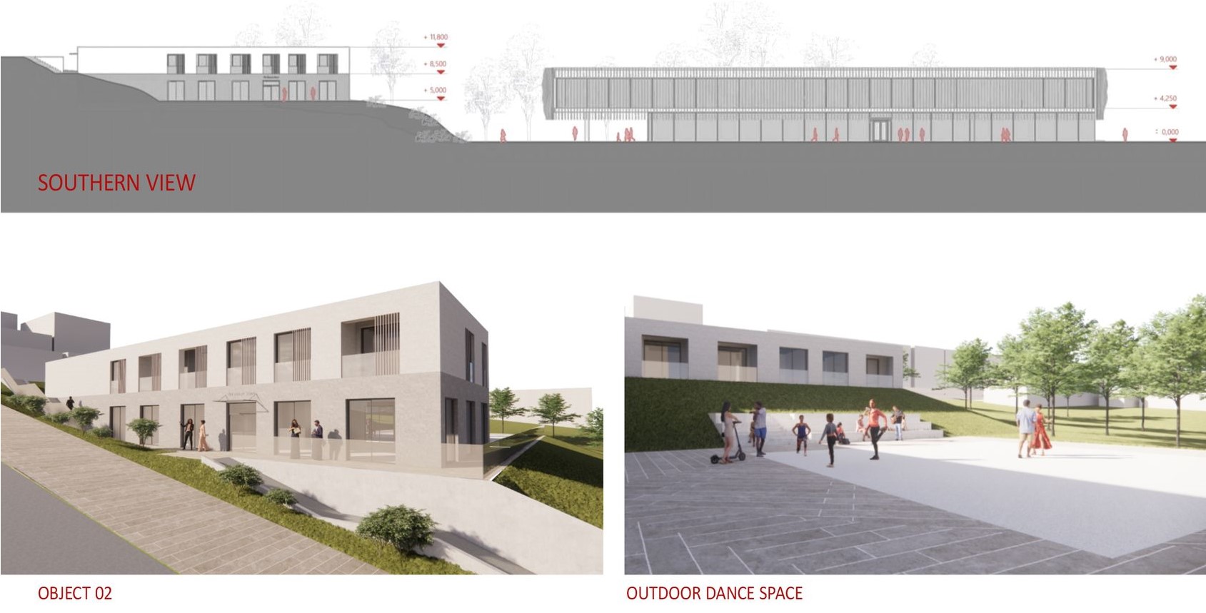 Modern architecture invites outdoor dance exploration.