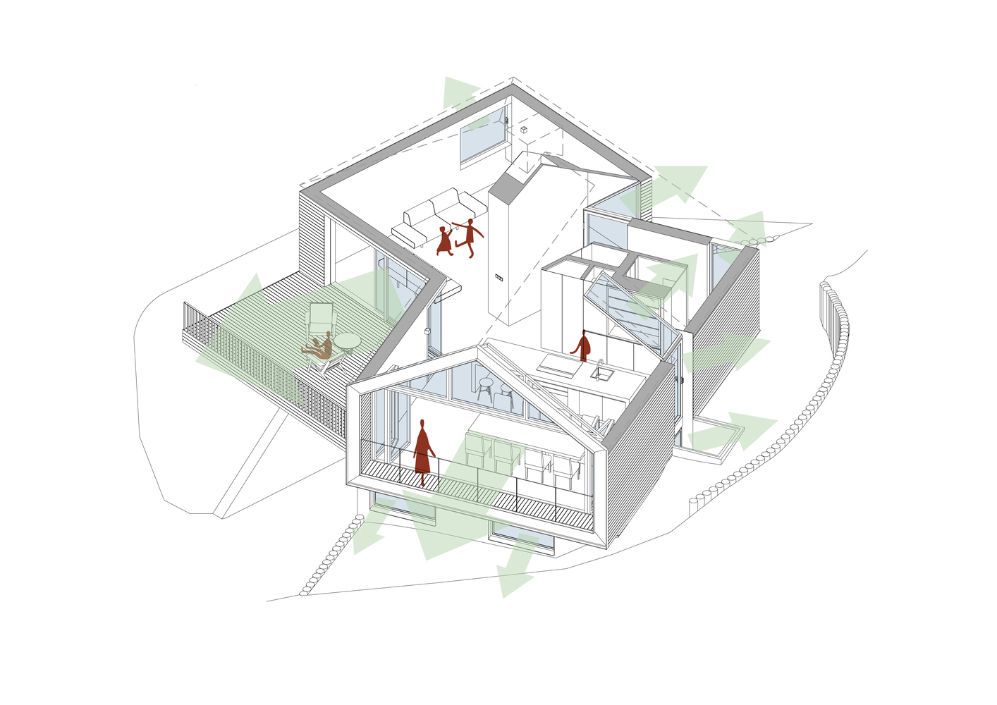 Axonometric cutaway drawing revealing interior spaces across multiple levels with figures and terraces