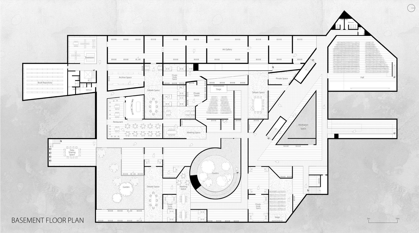 Intricate basement plan, merging functionality with creative space.