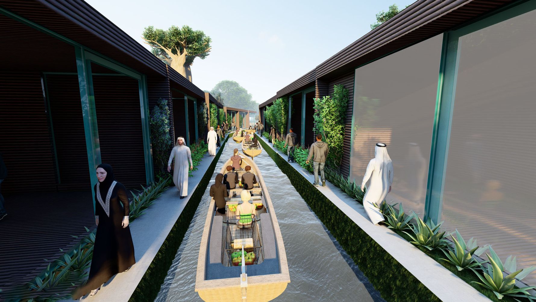 Community engaging in vibrant floating market activities.