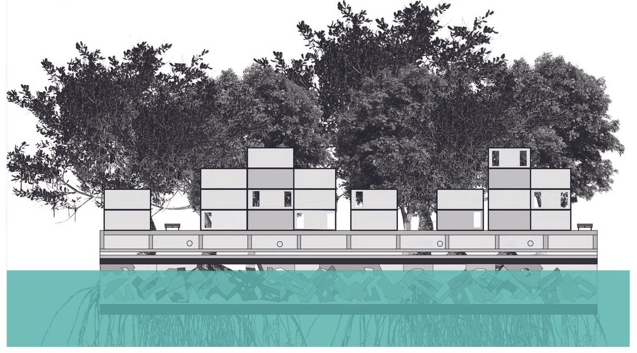 Floating island structure with modular housing and mangrove trees.