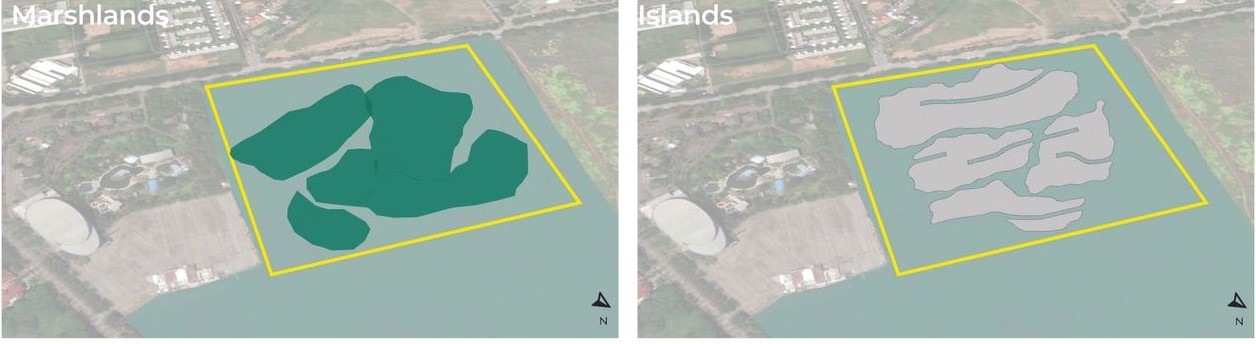 Strategic placement of marshlands and floating islands.