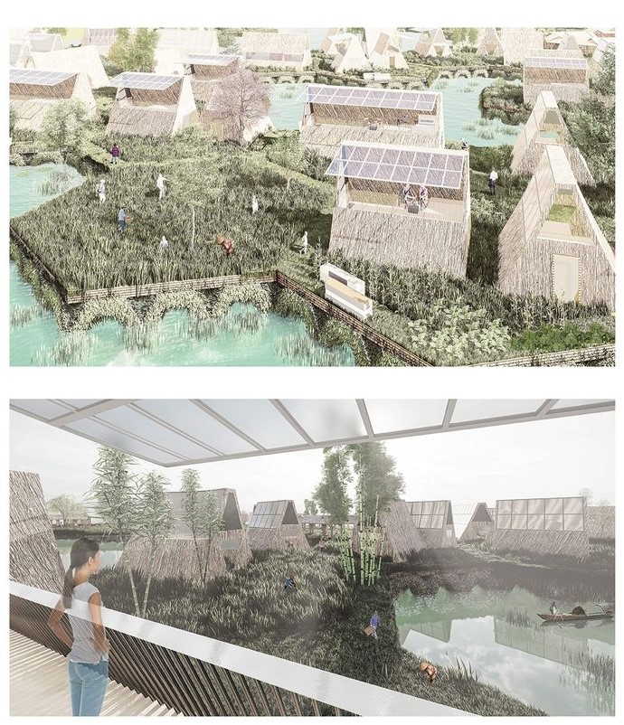 Sustainable homes with solar panels in Floatopia community.