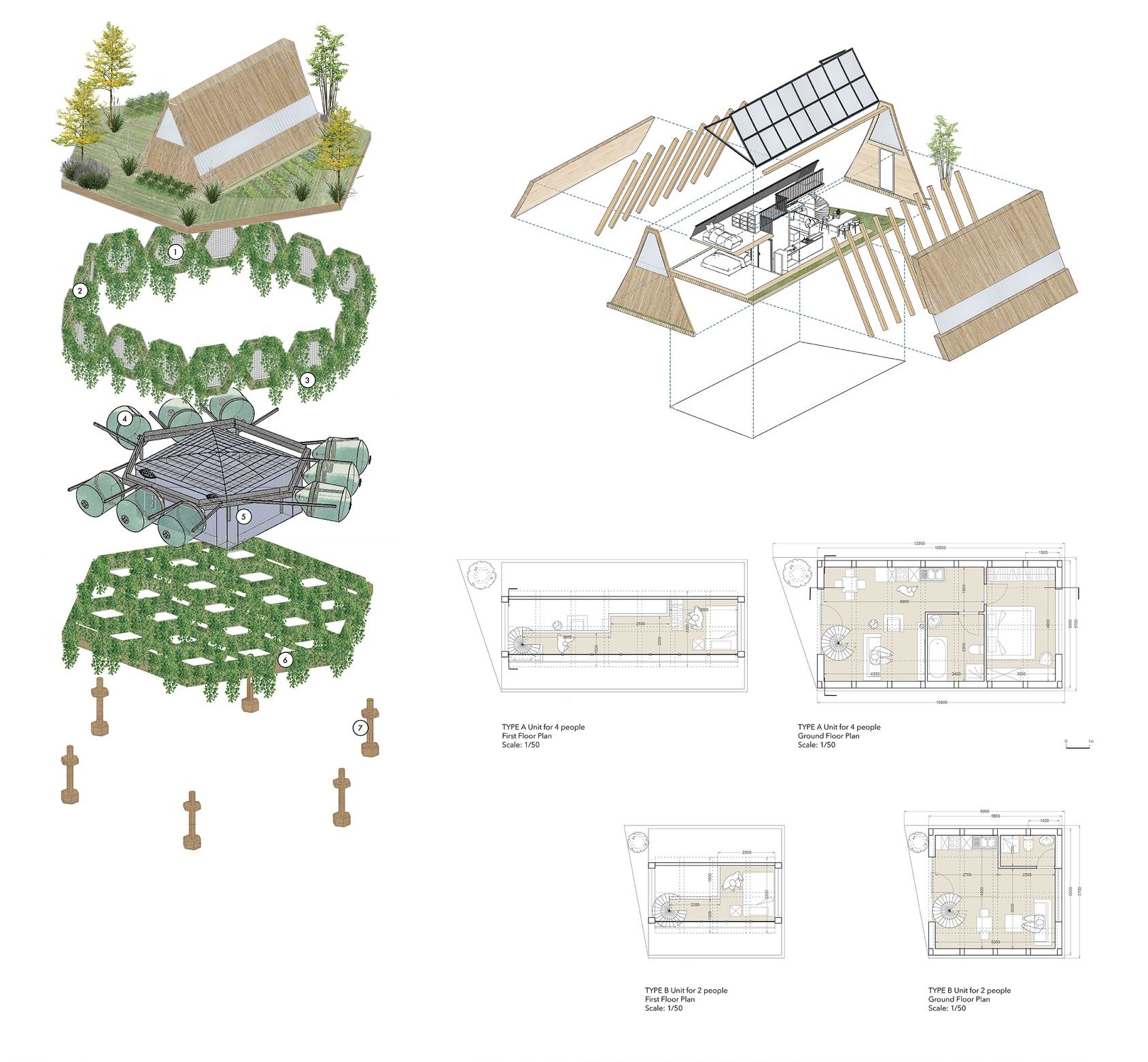 Detailed architectural plans and cross-sections of Floatopia homes.