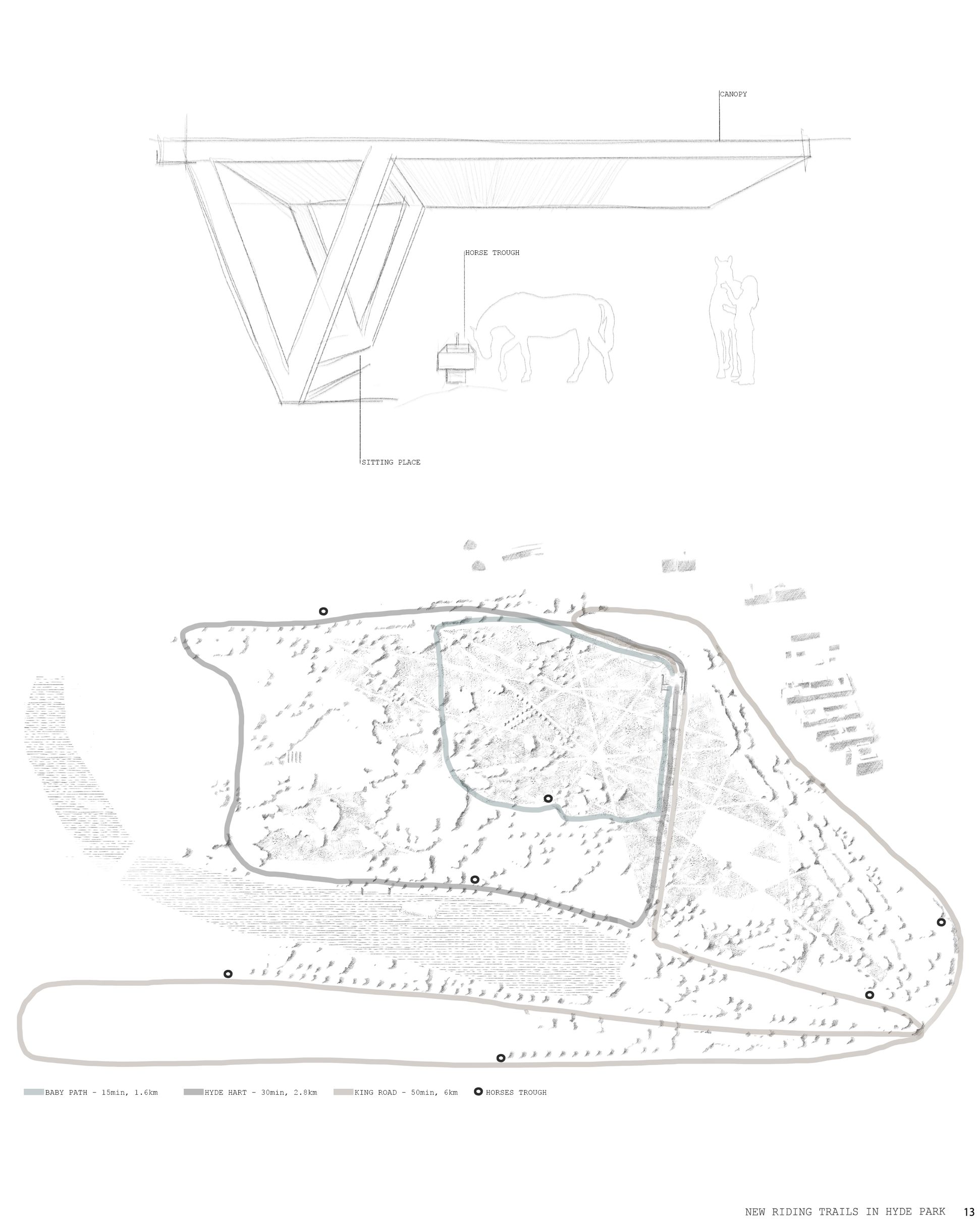 Proposed riding trails and rest areas within Hyde Park's landscape.