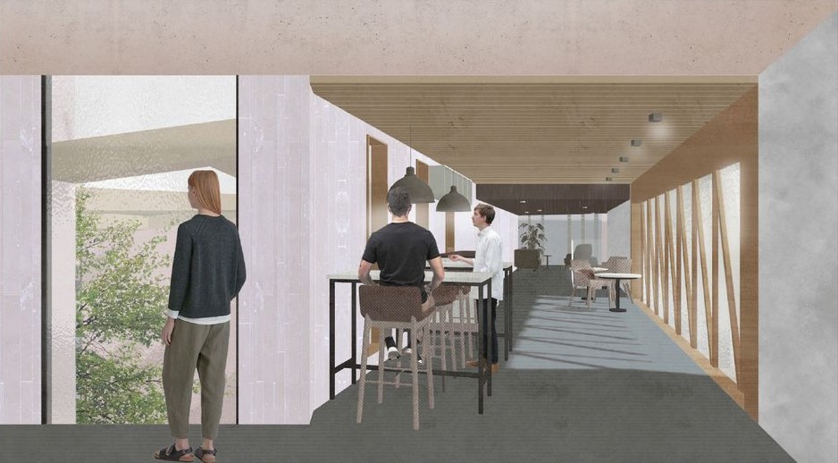 Town hall interior: Casual meeting space with natural light.