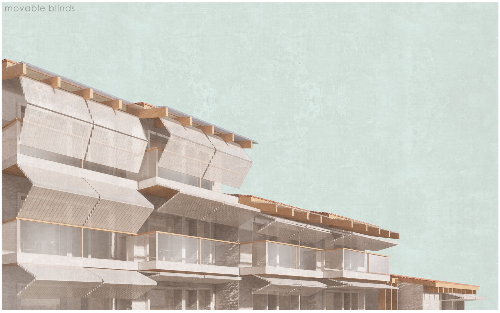 Movable blinds with photovoltaic panels filter sunlight.