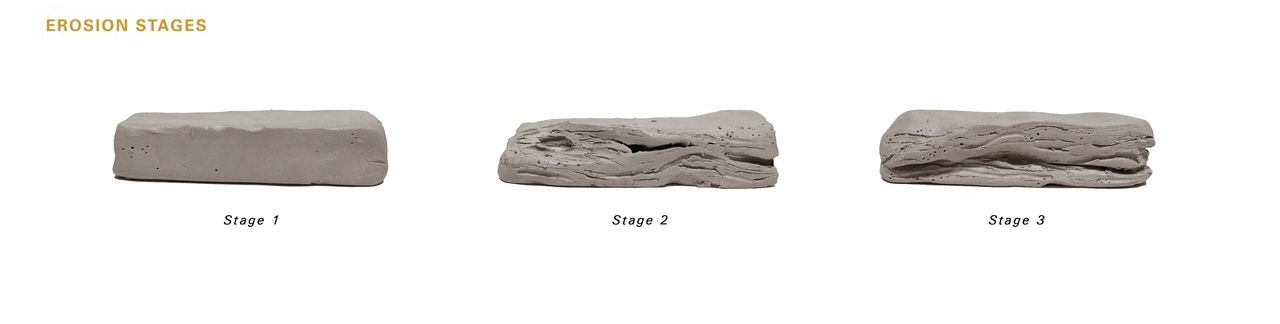 Erosion stages of sandstone urban furniture from initial block to weathered form.