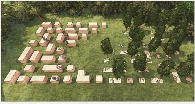 Outdoor study spaces amidst nature for group and solo activities.