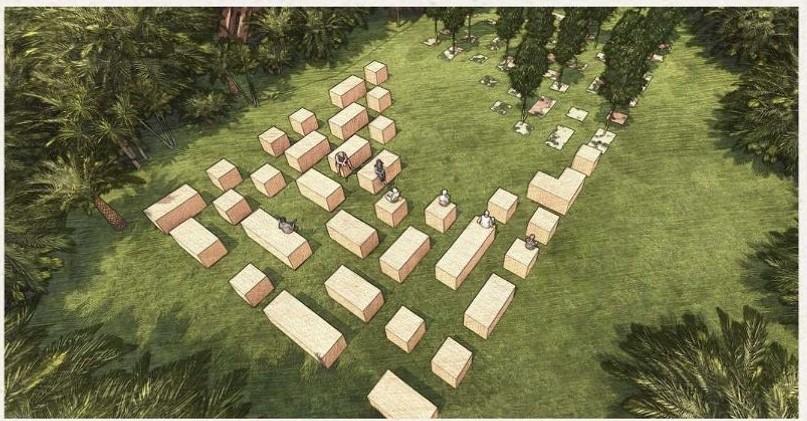 Modular seating arrangements for flexible outdoor learning and relaxation.