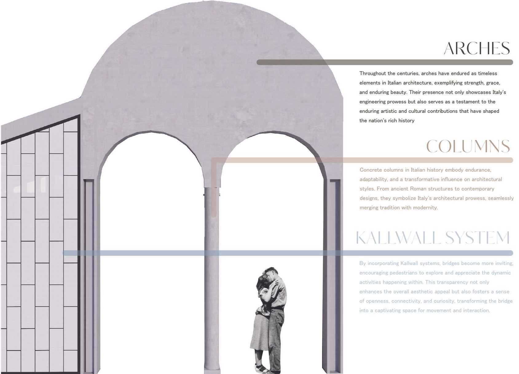 Arches and columns blend history with modern Kallwall systems.