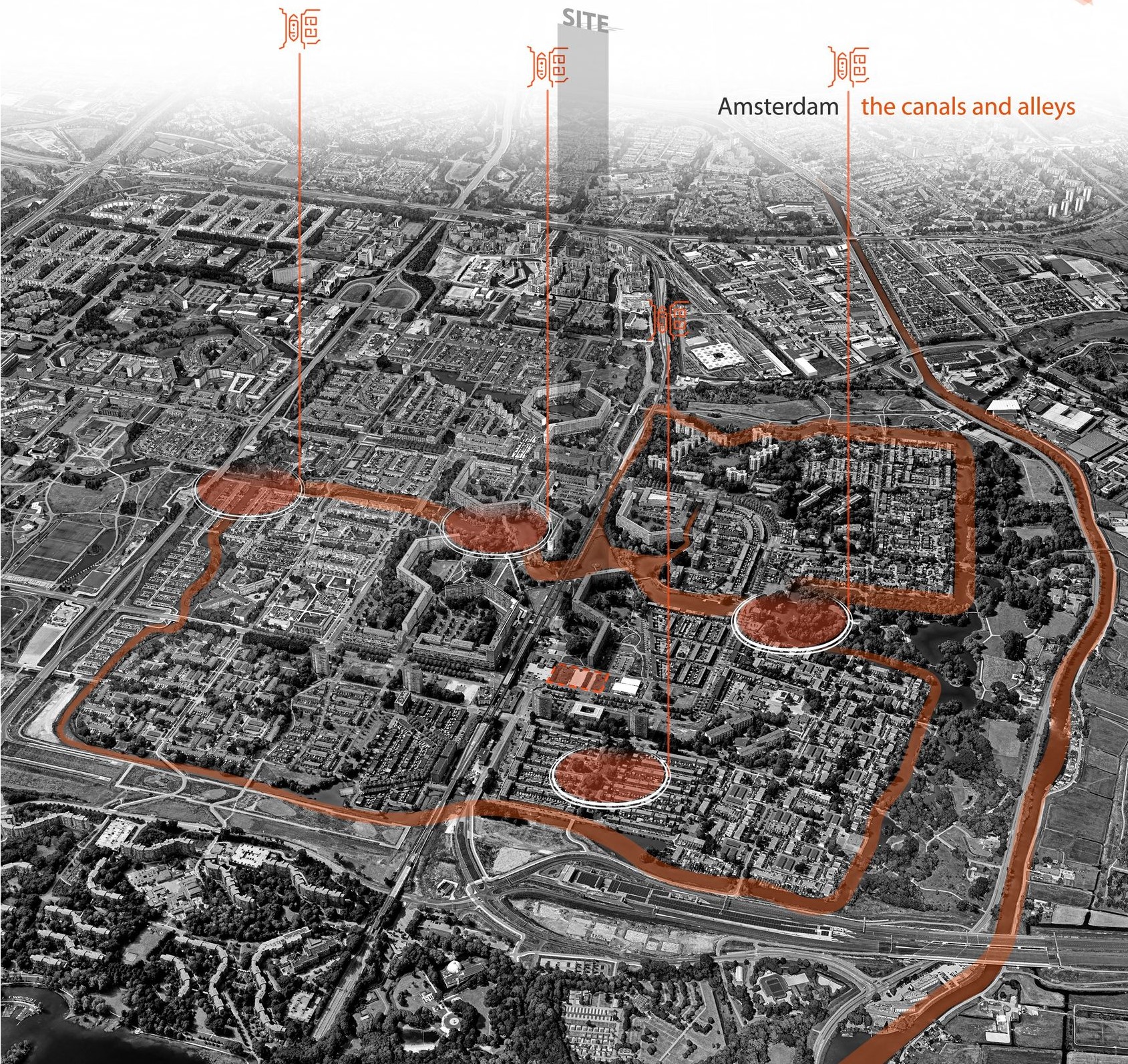 Exploring Amsterdam's canals and alleys from an aerial perspective.