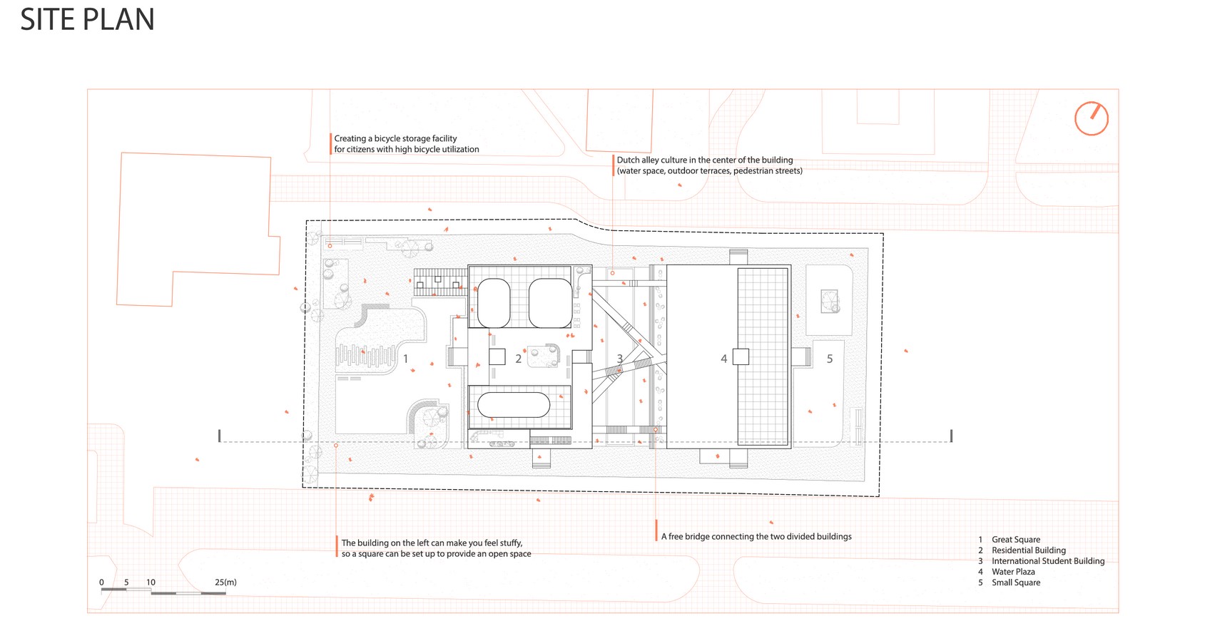 Detailed site plan highlighting key architectural features and spaces.