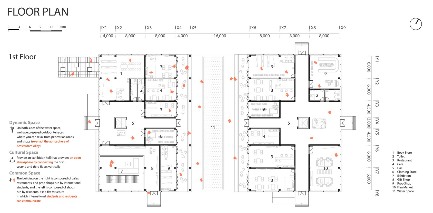 Bookstore and restroom facilities layout.