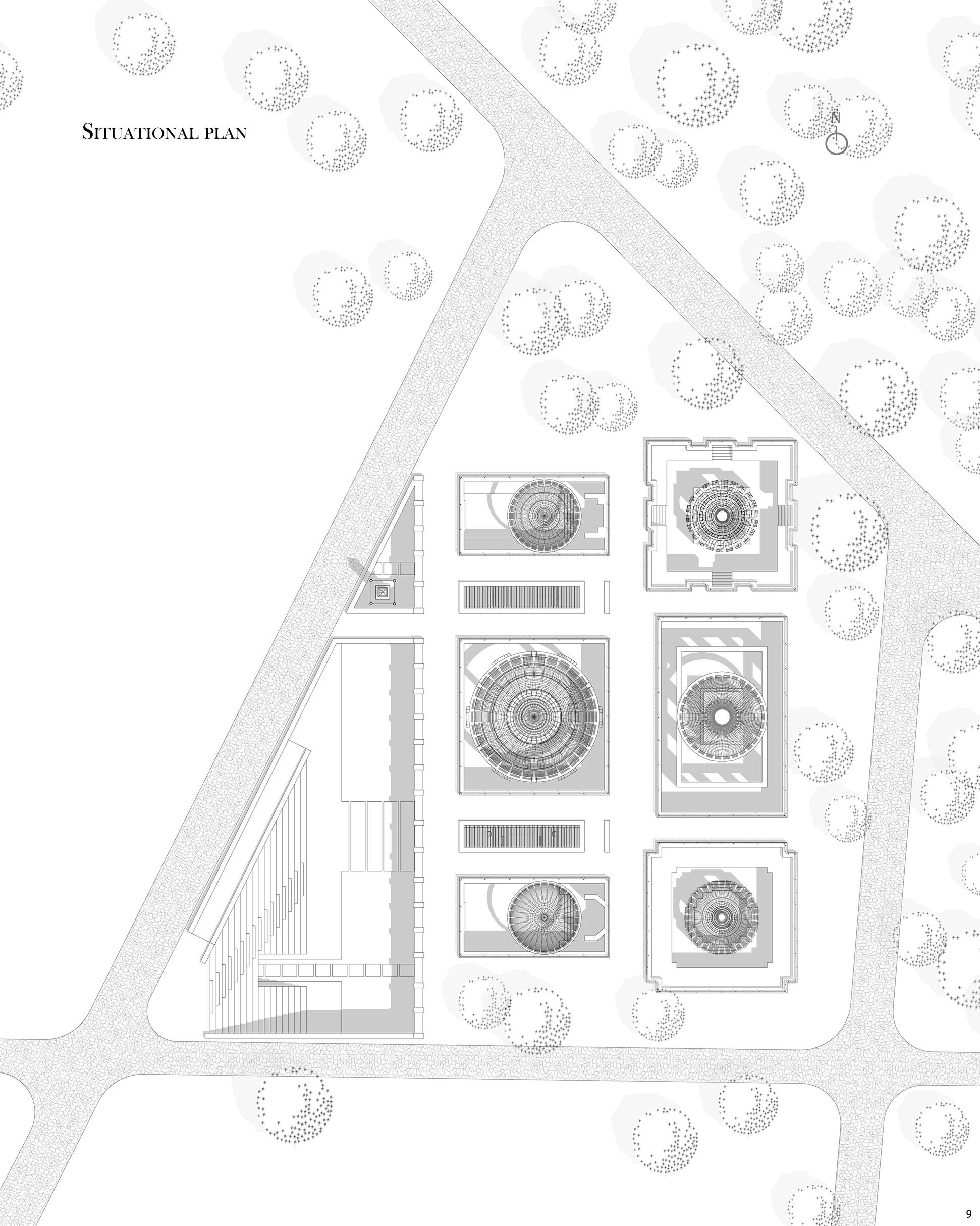 Site plan illustrating layout and positioning of architectural structures.