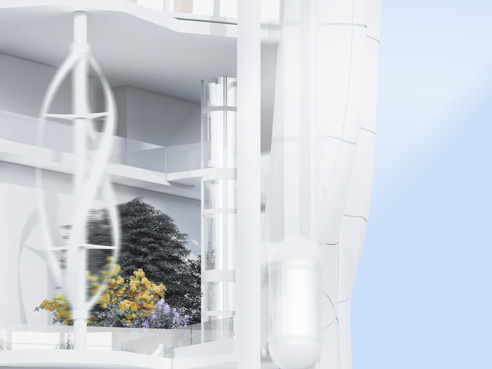 Hexagon detail: Wind turbine and green spaces integrated.