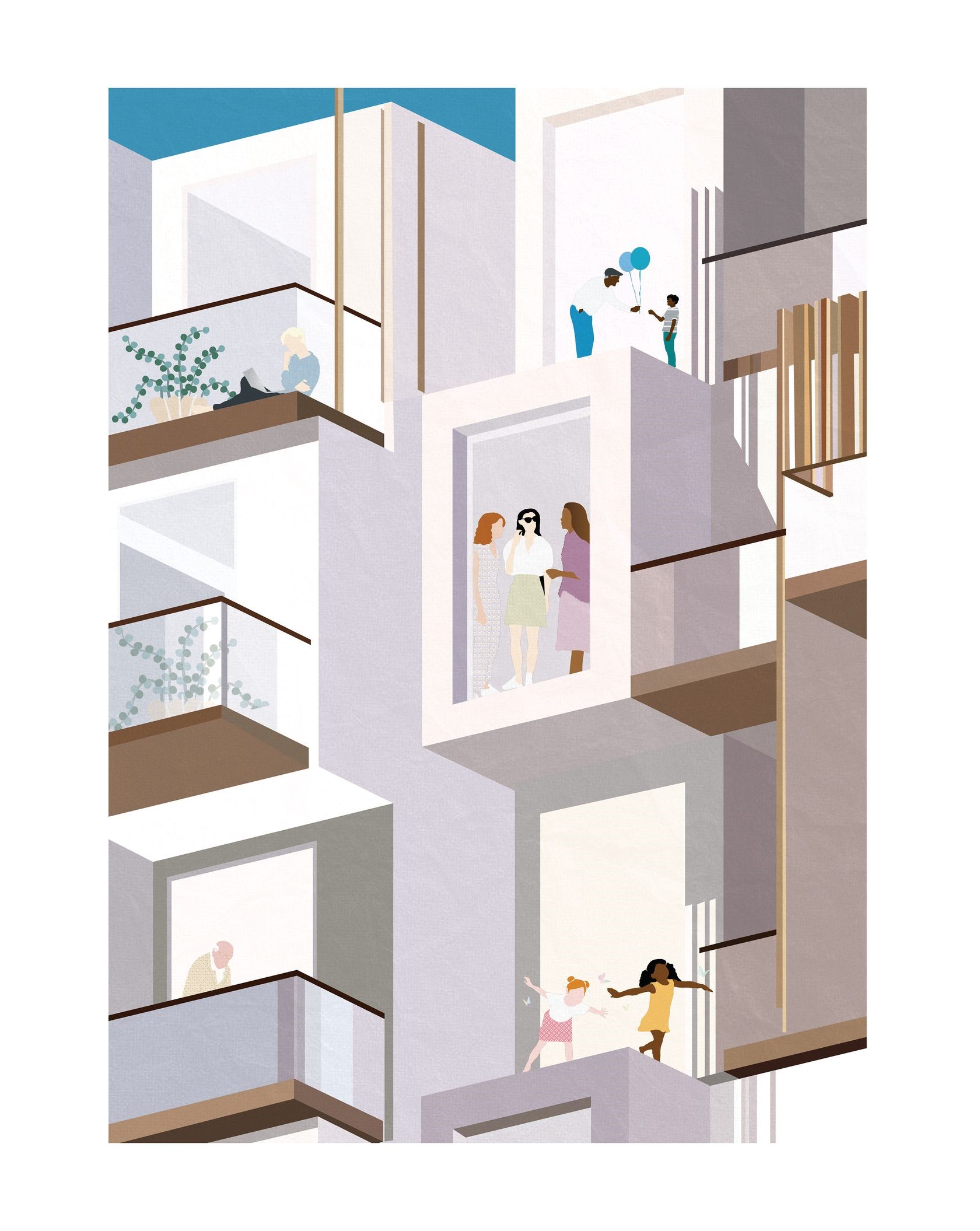 Modular community spaces promoting interaction and cultural exchange.