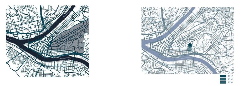 Urban growth visualized: Building density increases near rivers.