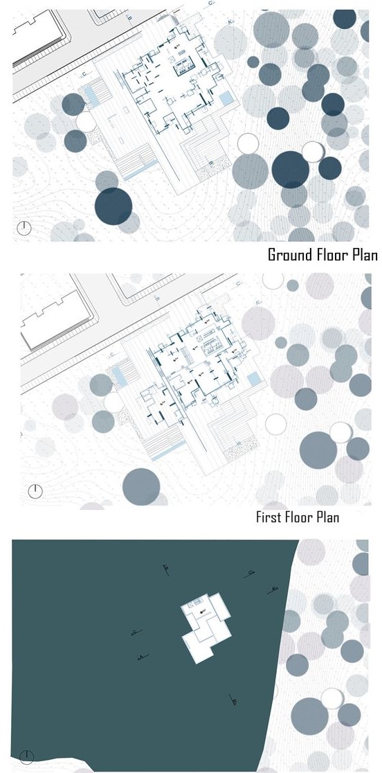 Architectural plans: Ground, first, and roof levels with landscaping.