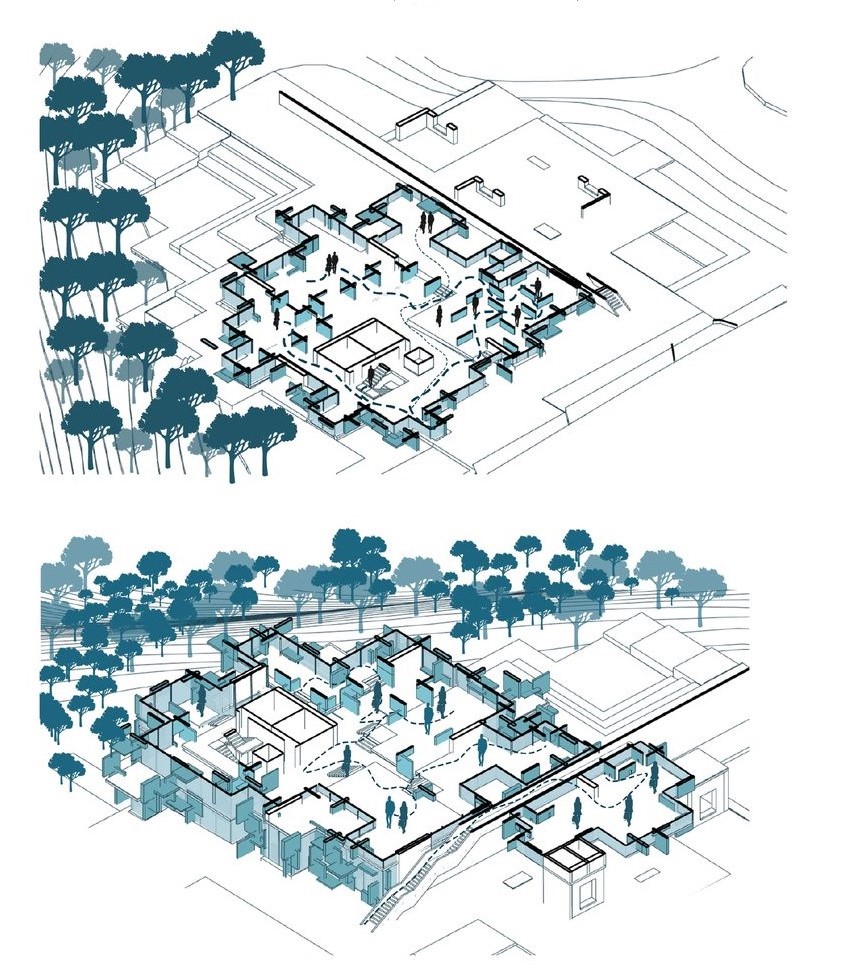 Open concept office design: Isometric view with circulation flow.