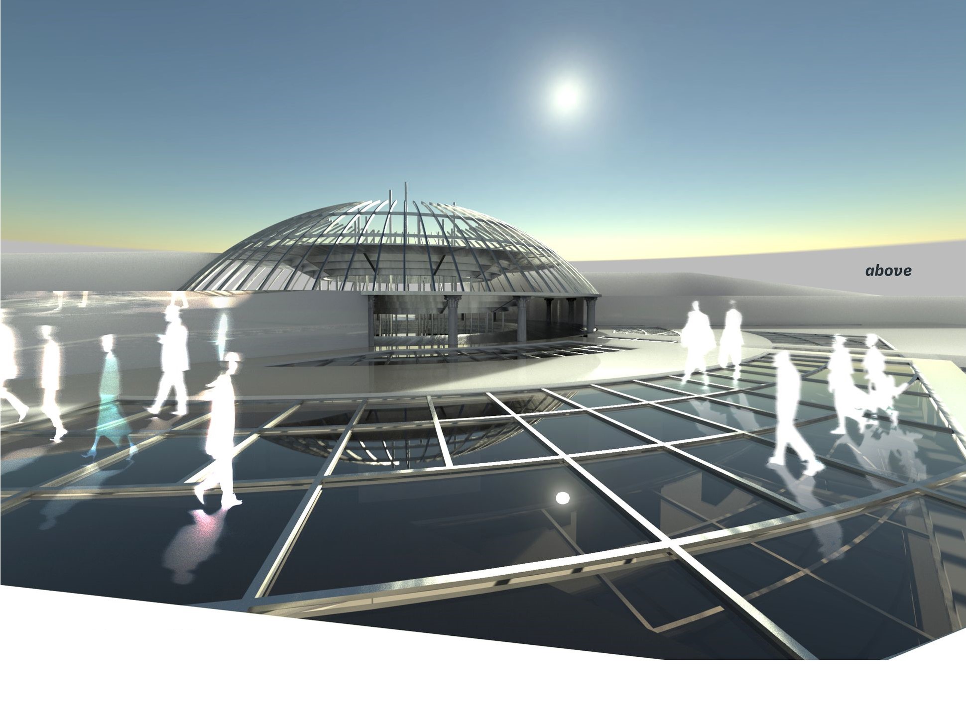 Futuristic pavilion with glass dome invites public engagement and reflection.