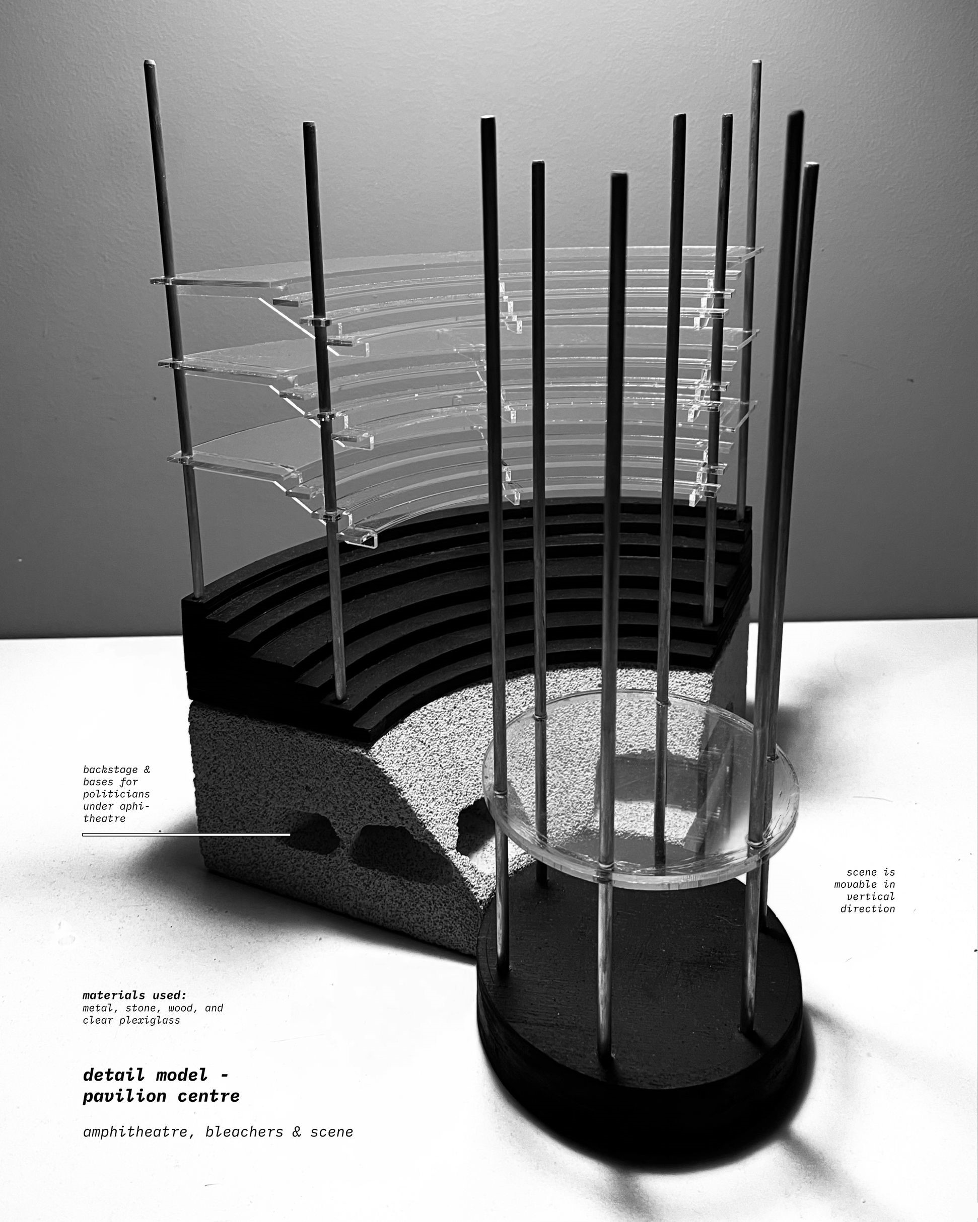 Detailed model of pavilion center showcasing amphitheater and movable stage.