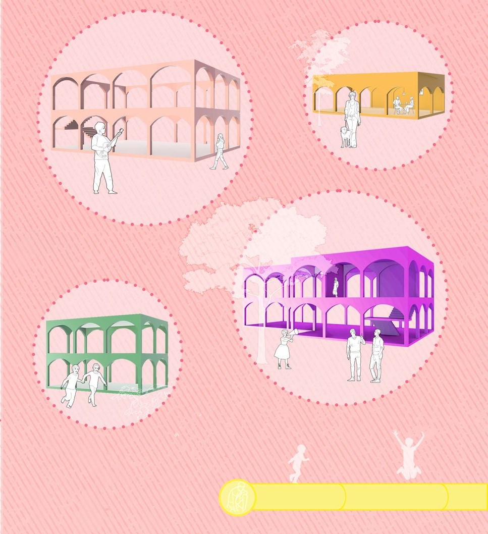 Universal Playground: Flexible pavilions for diverse activities.