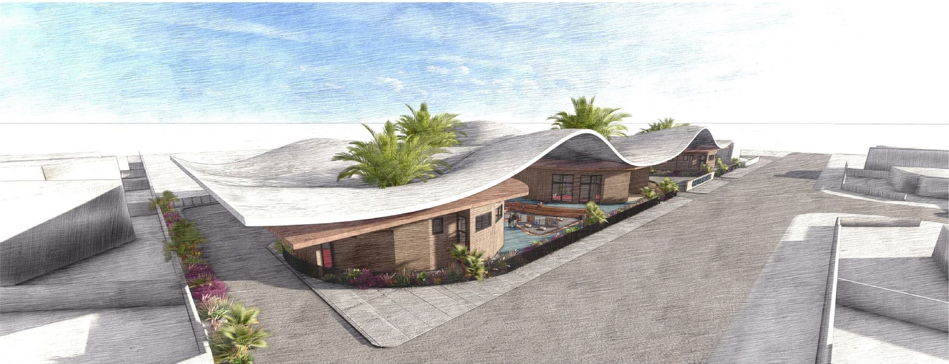 Innovative daycare design with sustainable, passive cooling roof.