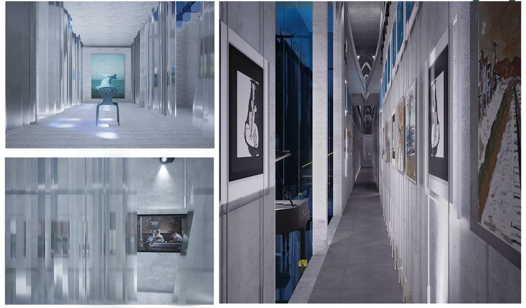 "Silence" gallery: Views of exhibit, "music box," and piano.