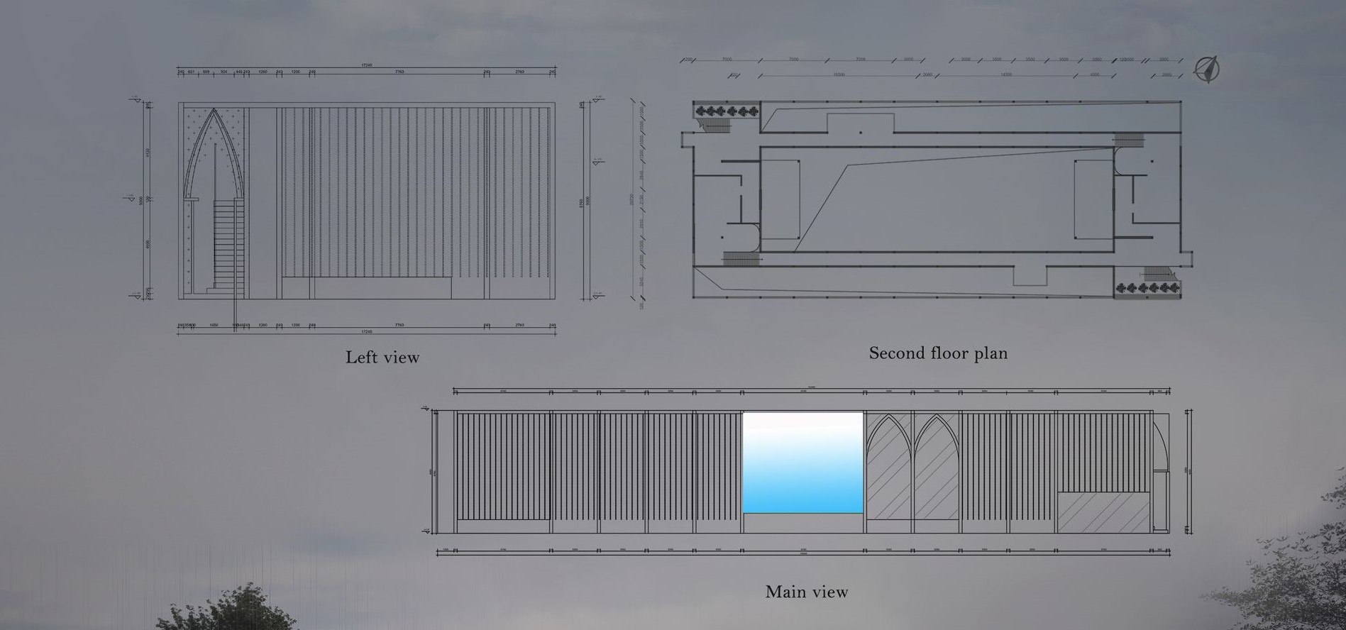 Museum elevations and second floor plan: Symmetrical design.