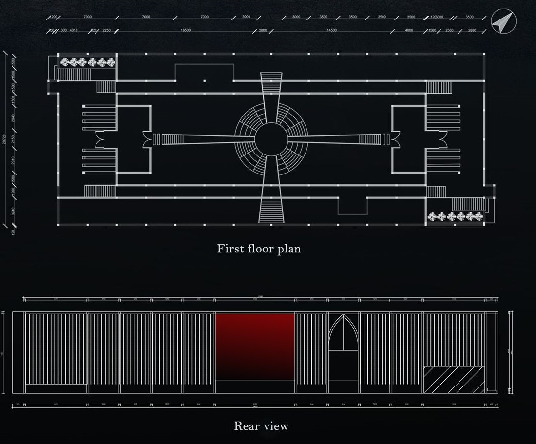 Museum first floor plan: Central atrium and gallery wings.