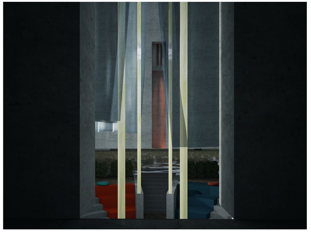 Atrium view: Connecting space with contrasting colors.