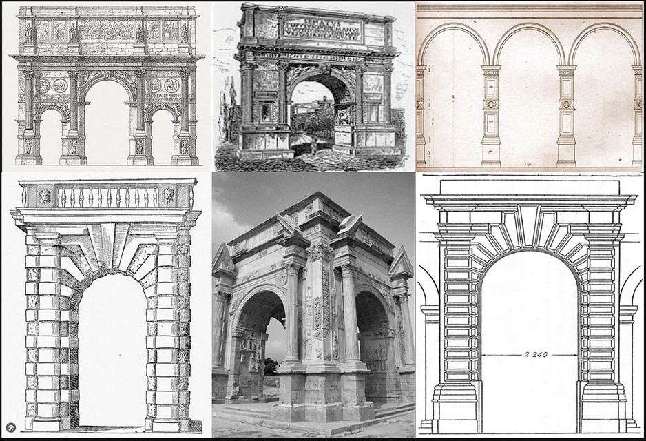 Architectural sketches and photographs showcasing historical arch designs.