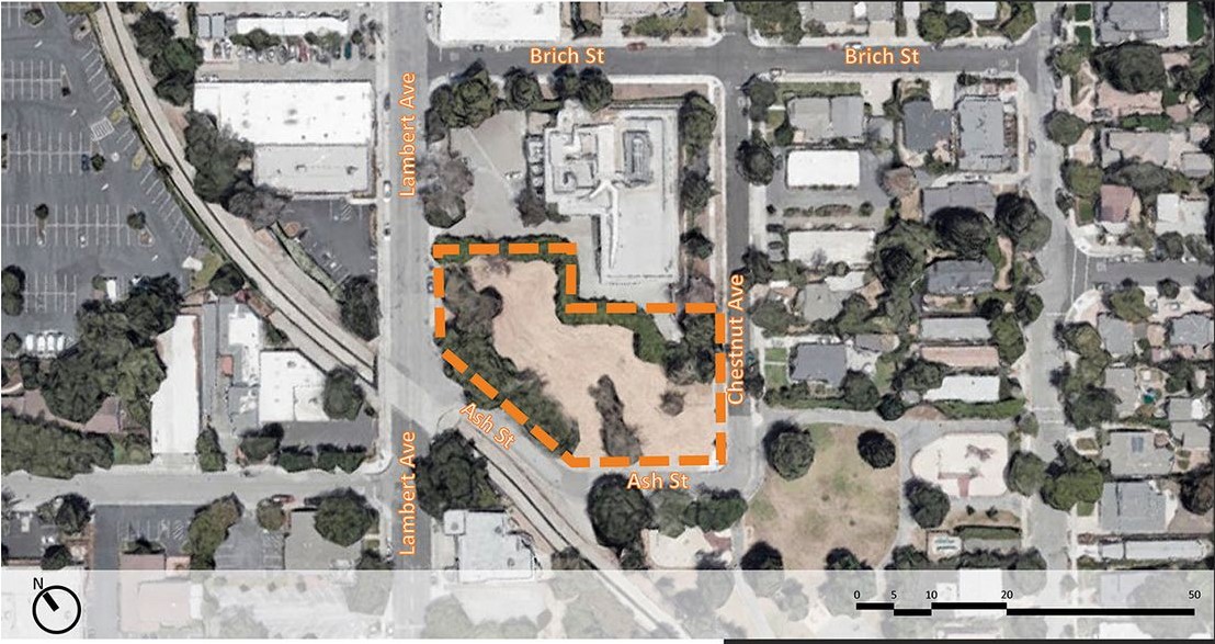 Site location for Arch Hub Restaurant project, bordered by Lambert Ave, Ash St, and Chestnut Ave.