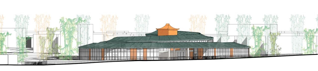 Sustainable building design with green roofs and integrated landscaping.