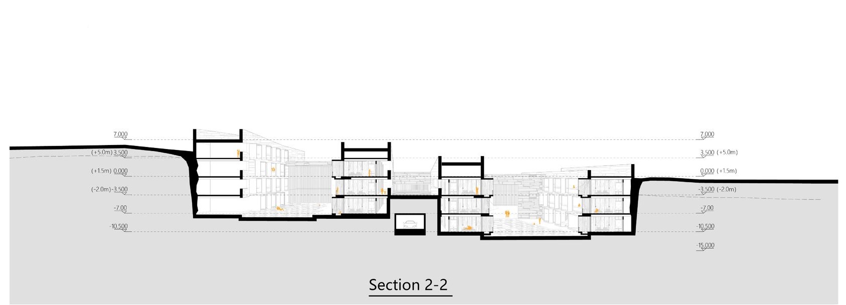 Detailed section 2-2 showcasing the hotel's underground structure.