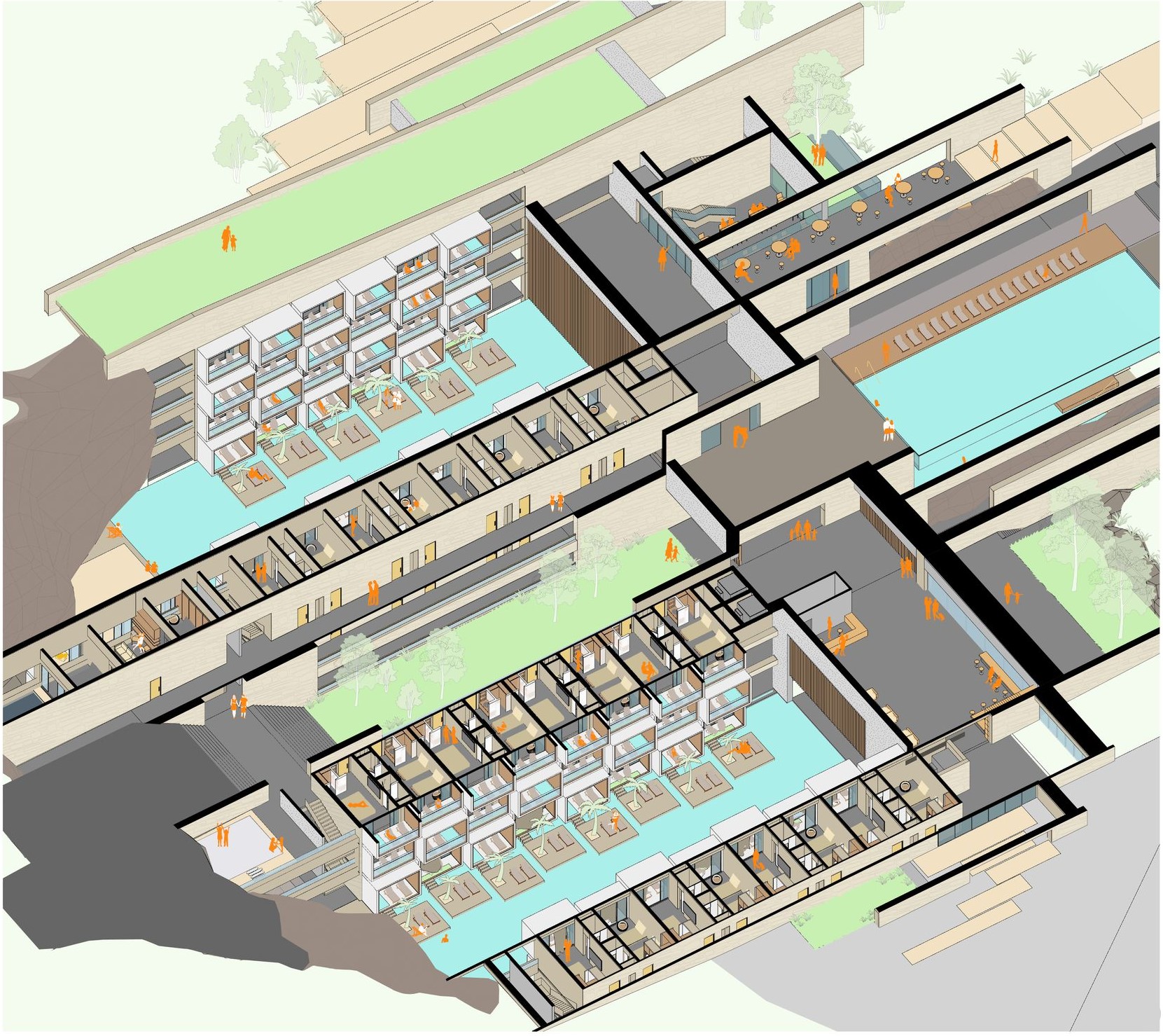 Axonometric view showcasing the hotel's multi-level design and amenities.