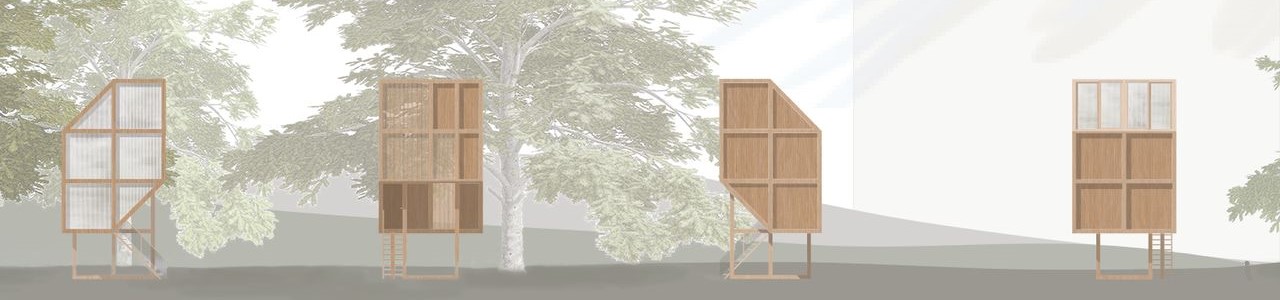 Modular cabins designed for birdwatchers in natural surroundings.