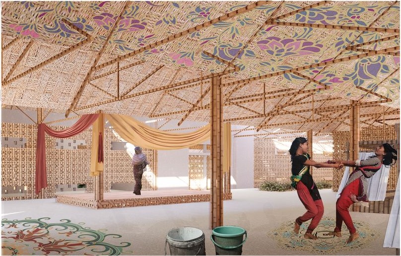 Community gathering and cultural activities under a vibrant, woven roof.