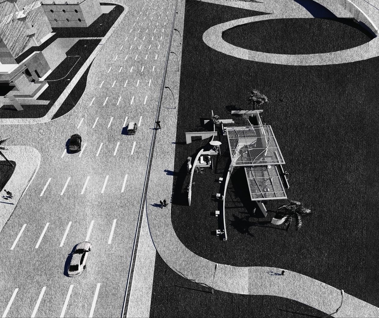 Aerial view of The Wall Coffee, merging city and nature.