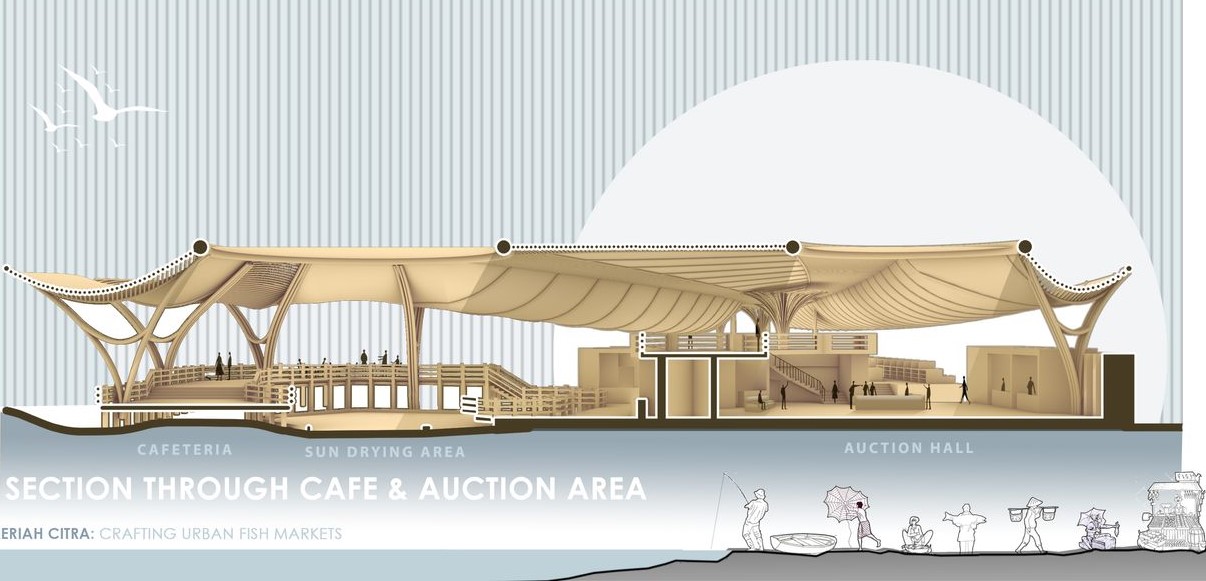 Section view highlighting cafe, sun drying area, and auction hall.